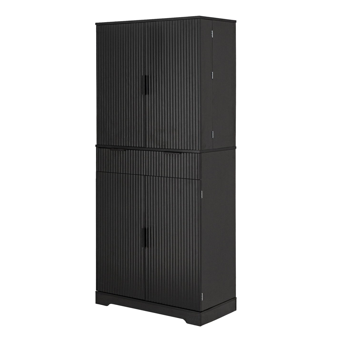 Fluted Kitchen Pantry Cabinet With 3 Keyboard Drawers & 6 Adjustable Door Shelves