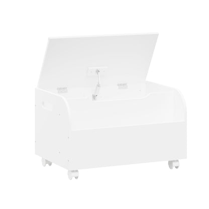 Toy Box With 4 Universal Wheels, Kids Playroom Storage Organizer With Front Bookshelf, Flip Top Lid, Safety Hinge - White