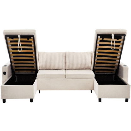 Sectional Sofa Bed With Pull Out Sleeper, USB Ports, Cup Holders