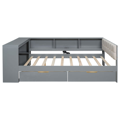 Upholstered Headboard Platform Bed With Storage Shelves, Drawers, Charging Station