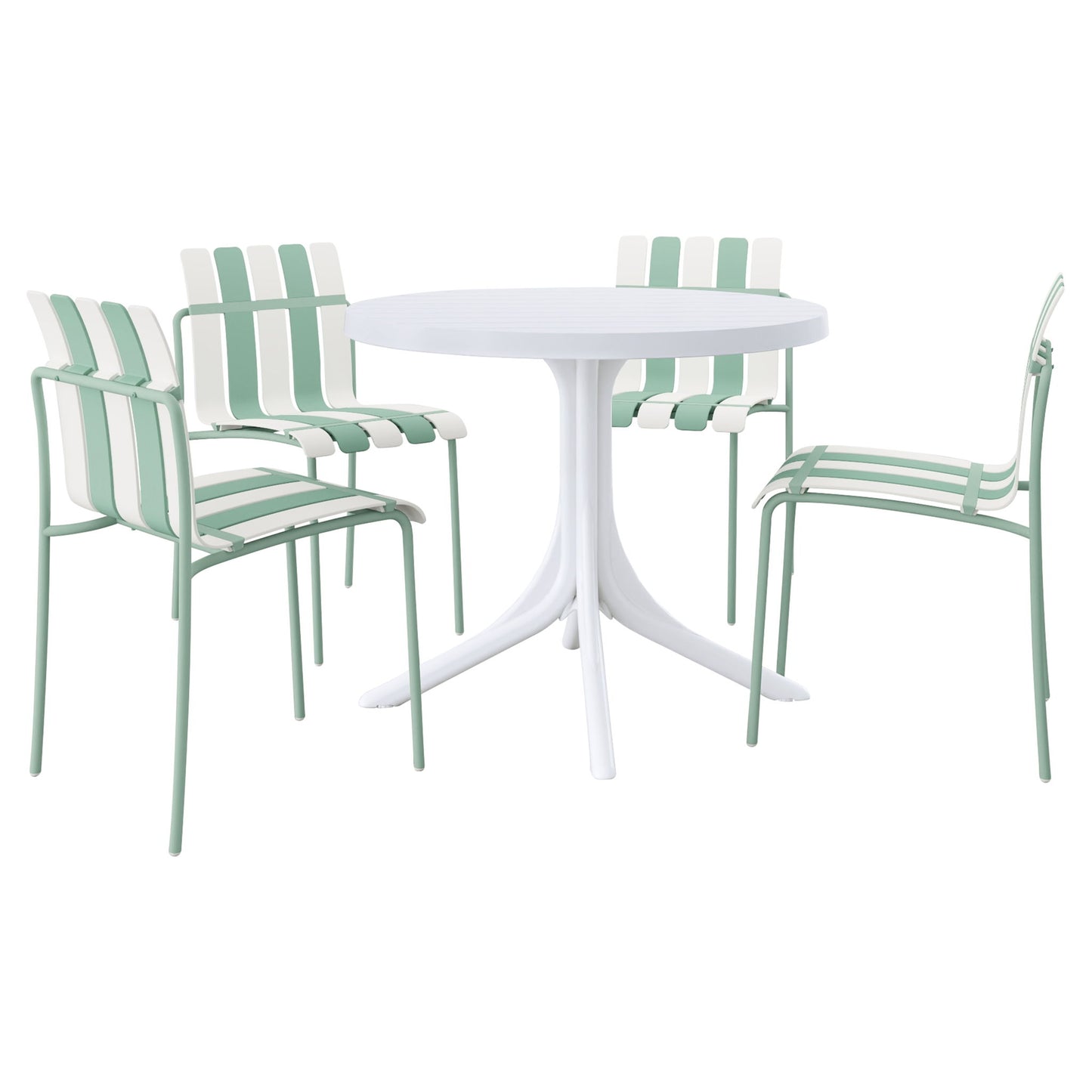 4 Piece Set Of Color Block Designed Single Chairs & Round Table - Cream White / Haze Green / White