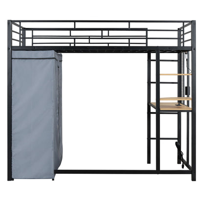 Loft Bed With Desk, Shelves, Power Outlet, LED Light And Wardrobe
