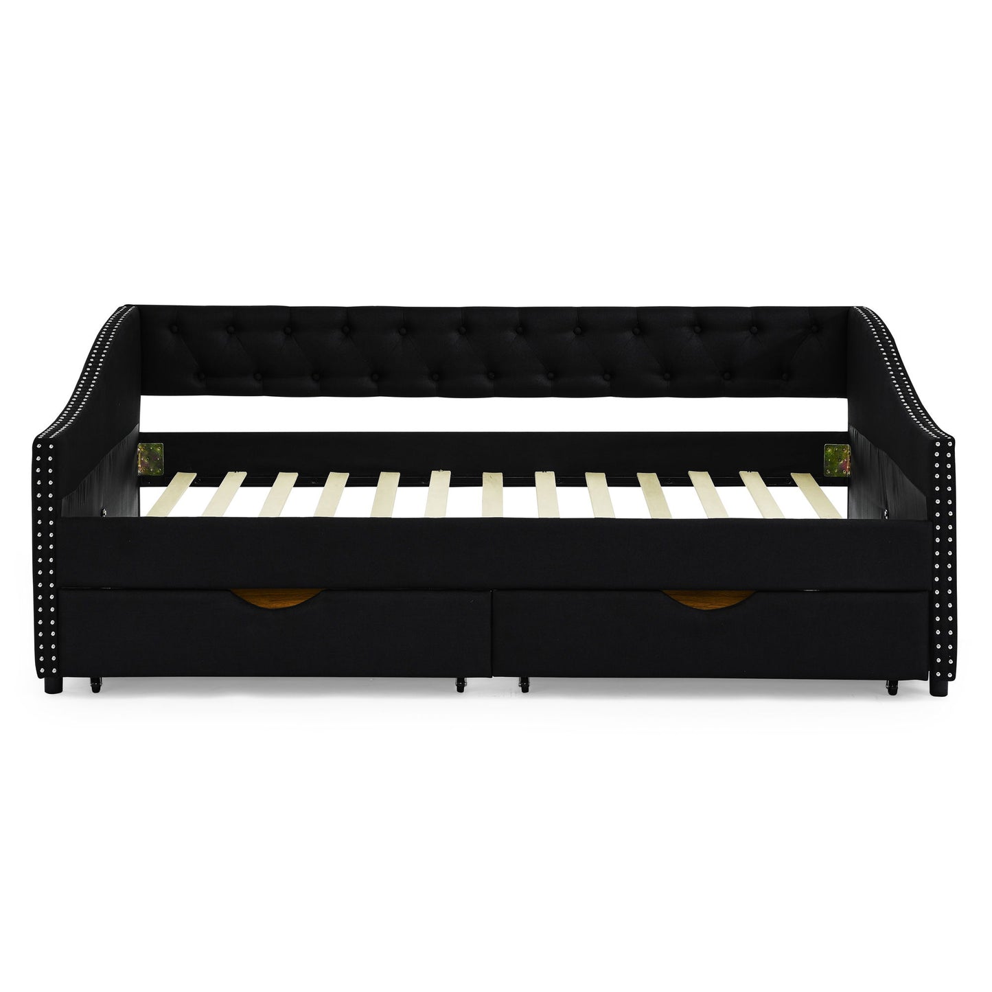 Upholstered Tufted Daybed With 2 Drawers, Waved Arms