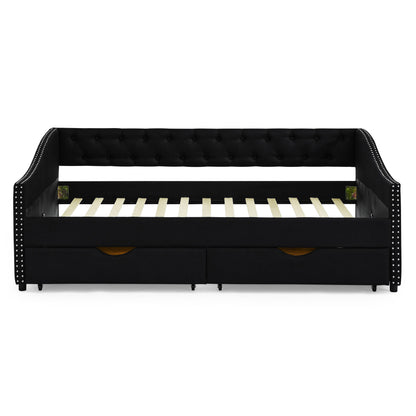 Upholstered Tufted Daybed With 2 Drawers, Waved Arms
