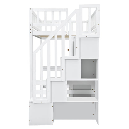 Loft Bed With Built In L Shaped Desk, LED Lights, Storage Shelves, Cabinets, And Staircase