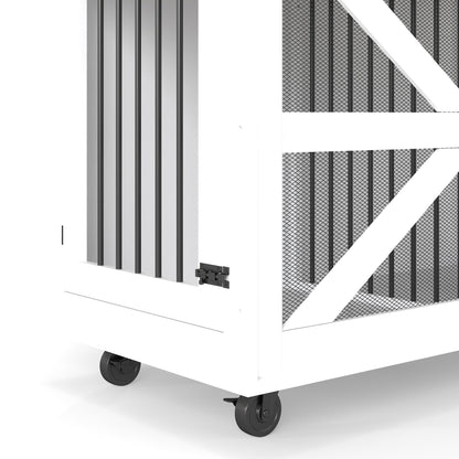 Mobile Dog Crate With Flip Top Feeding Door, Dual Access & 5 Caster System (2 Locking) - Brown White