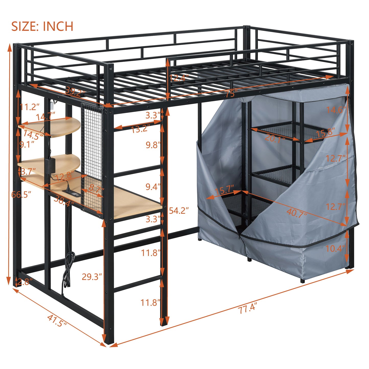 Loft Bed With Desk, Shelves, Power Outlet, LED Light And Wardrobe