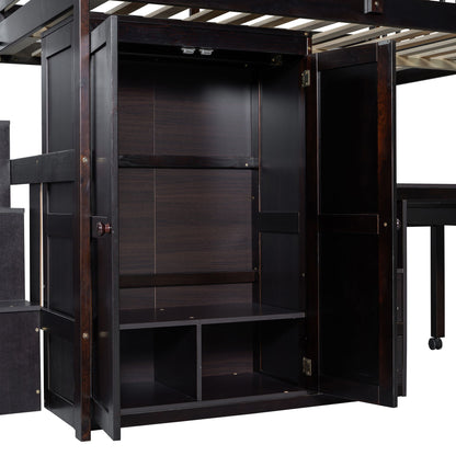 Loft Bed With Stairs, Bookshelf, Drawers, Desk & Wardrobe, Space Saving Multifunctional Furniture