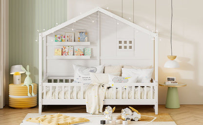 House Bed With Shelves, Window And Sparkling Light Strip On The Roof