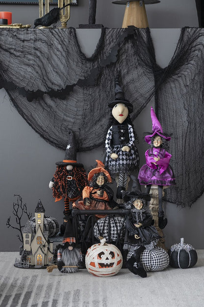 Standing Gnome With Banner & Spring Body, For Halloween Decor - Black / Orange / White
