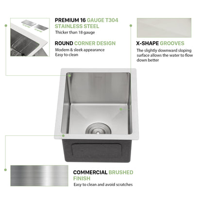 13" Undermount Kitchen Sink 16 Gauge Single Bowl - Brushed Nickel