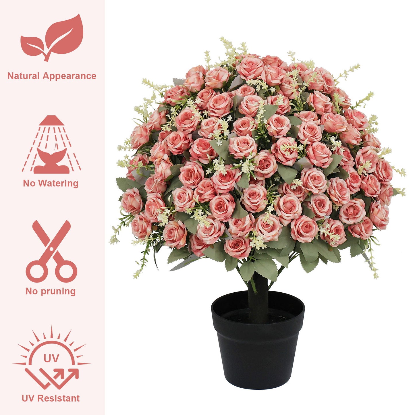 Artificial Rose Decoration With UV Resistant Silk Petals, Durable Stems In Cement Pot, Indoor Outdoor Potted Floral Arrangement - Green / Pink
