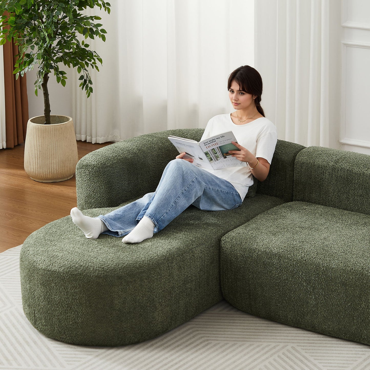 L - Shape Boneless Cloud Couch With 2 Throw Pillows For Living Room