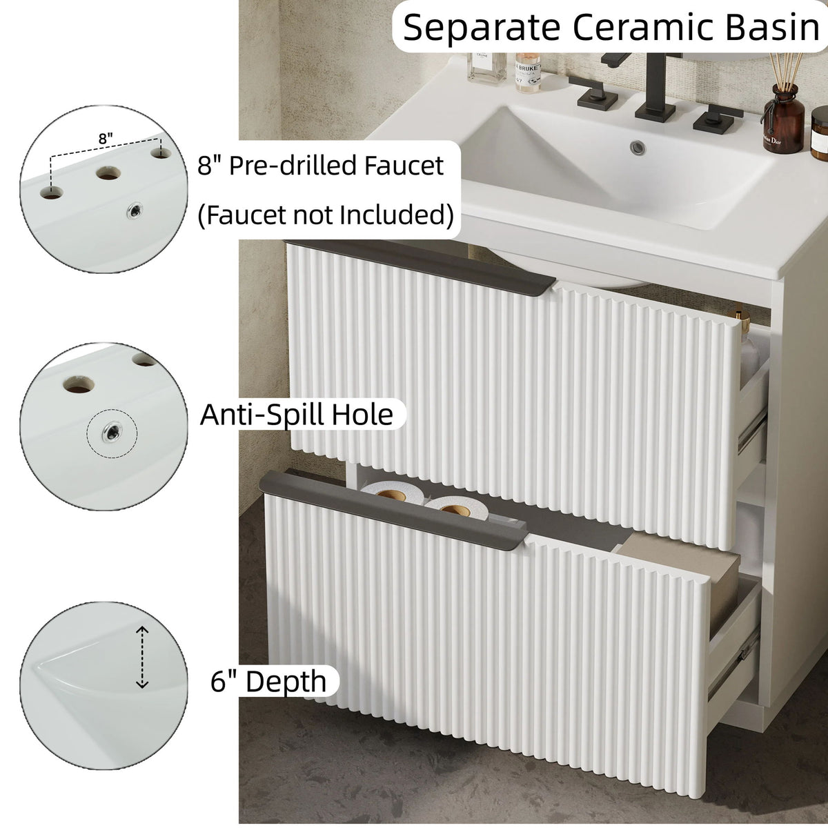 Fluted Bathroom Vanity With Ceramic Sink, Freestanding Cabinet