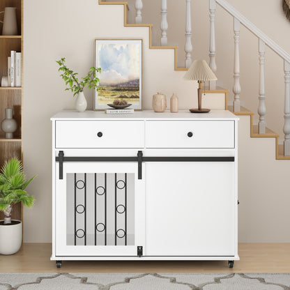 Dog Crate Furniture With Double Drawers And Sliding Barn Door, Pet Kennel For Small To Medium Dogs - White