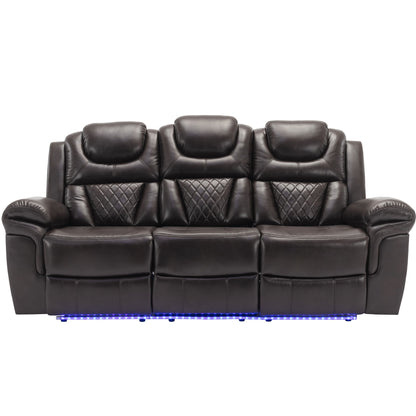 3 Pieces Recliner Sofa Sets Home Theater Seating Manual Recliner Chair & Center Console And LED Light Strip For Living Room - Brown
