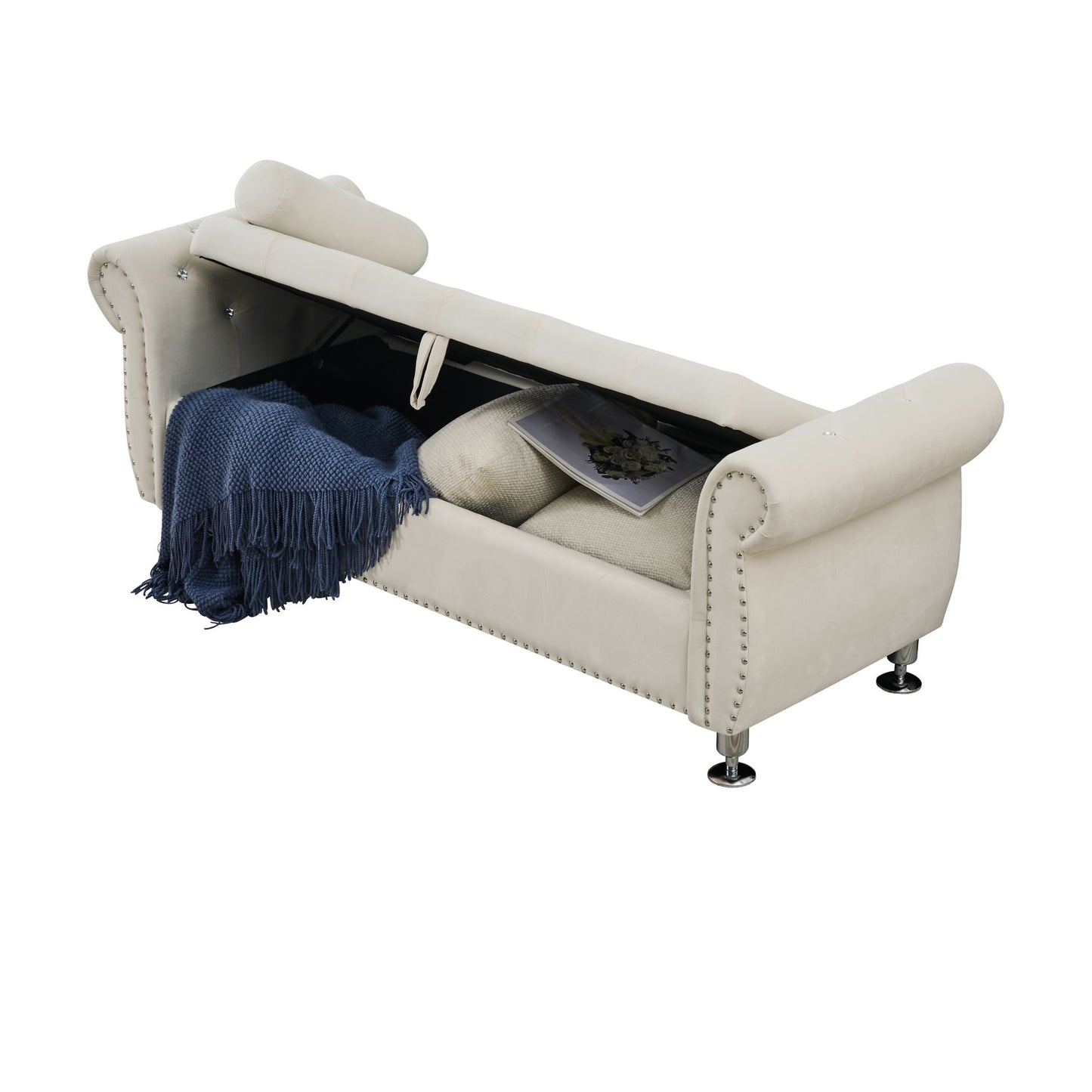 Storage Bench With Crystal Buttons And 1 Pillow For Bedroom