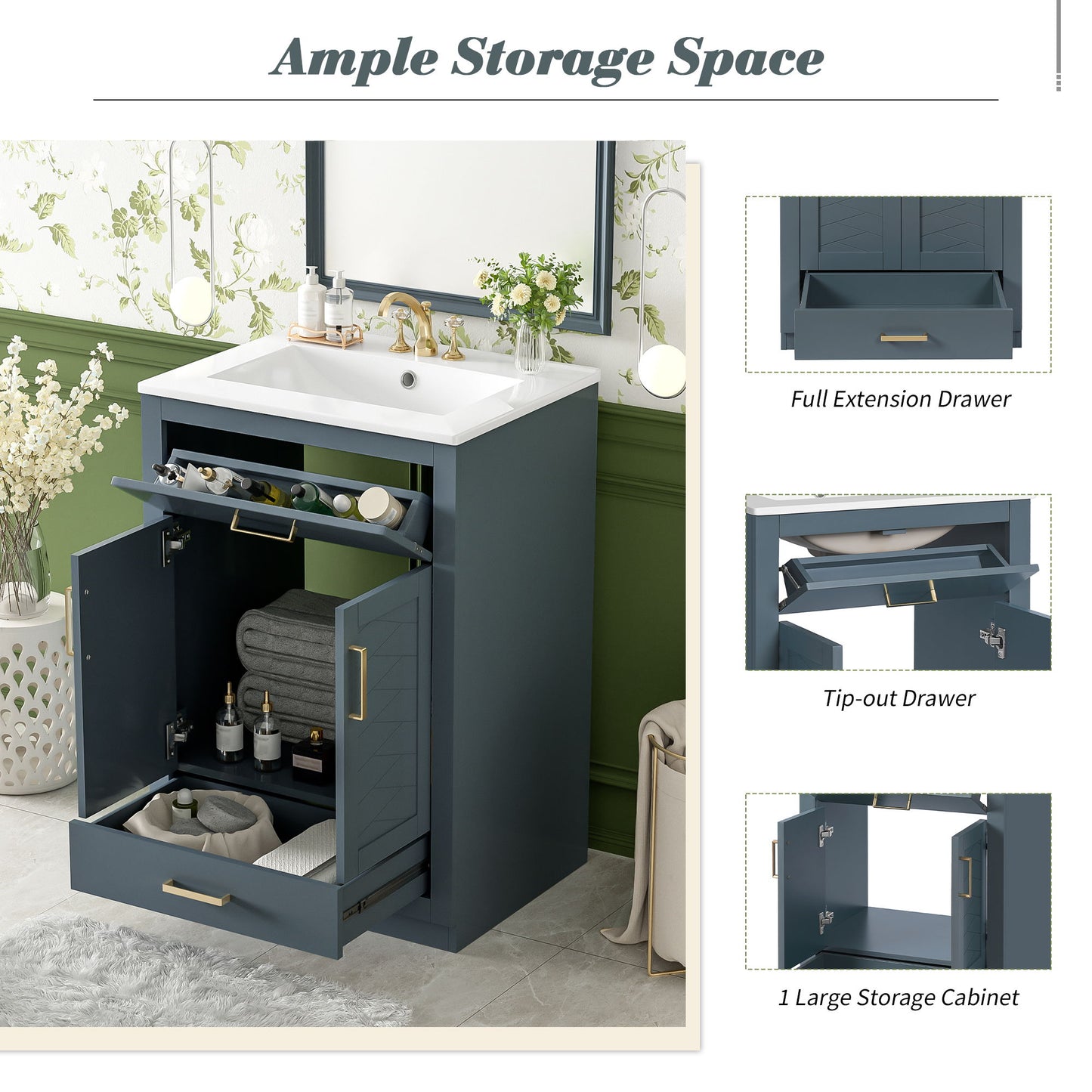 Modern Bathroom Vanity With Integrated Ceramic Sink, 2 Door Cabinet With Tip-Out Drawer