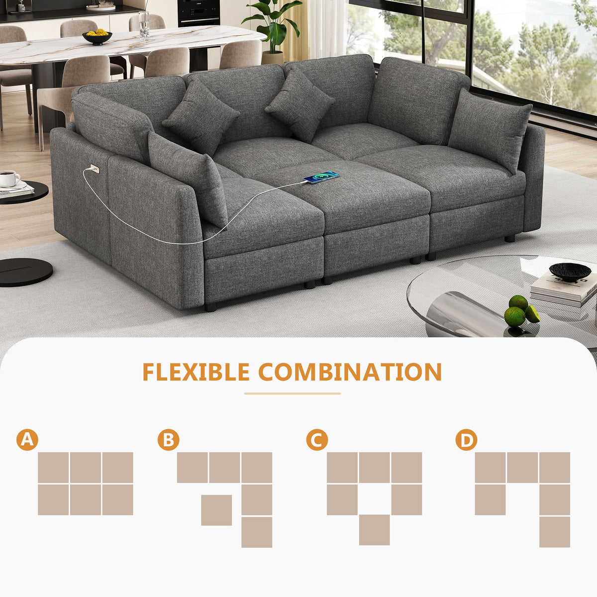 Sectional Sofa Modular U-Shaped With Ottoman & USB Ports