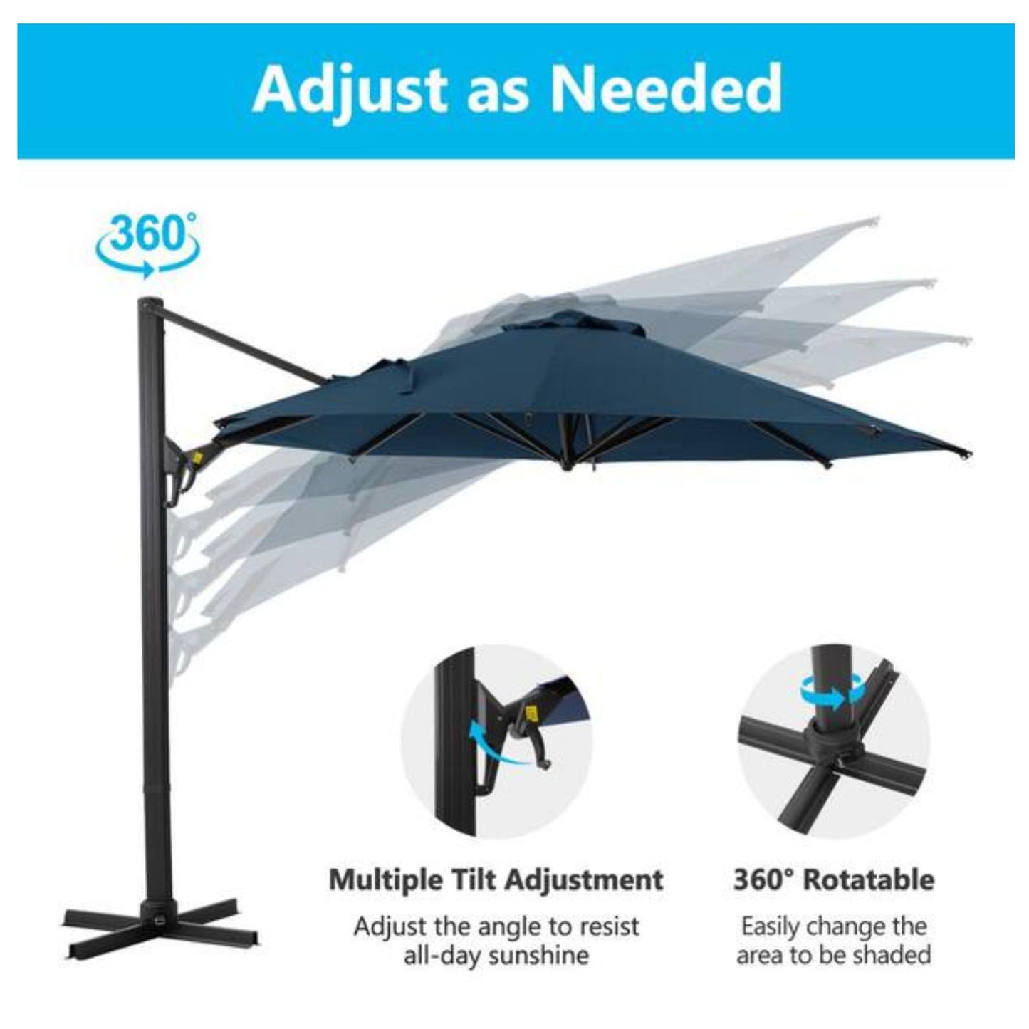 Round Cantilever Patio Umbrella With 360 Rotation & Infinite Tilt Adjustment