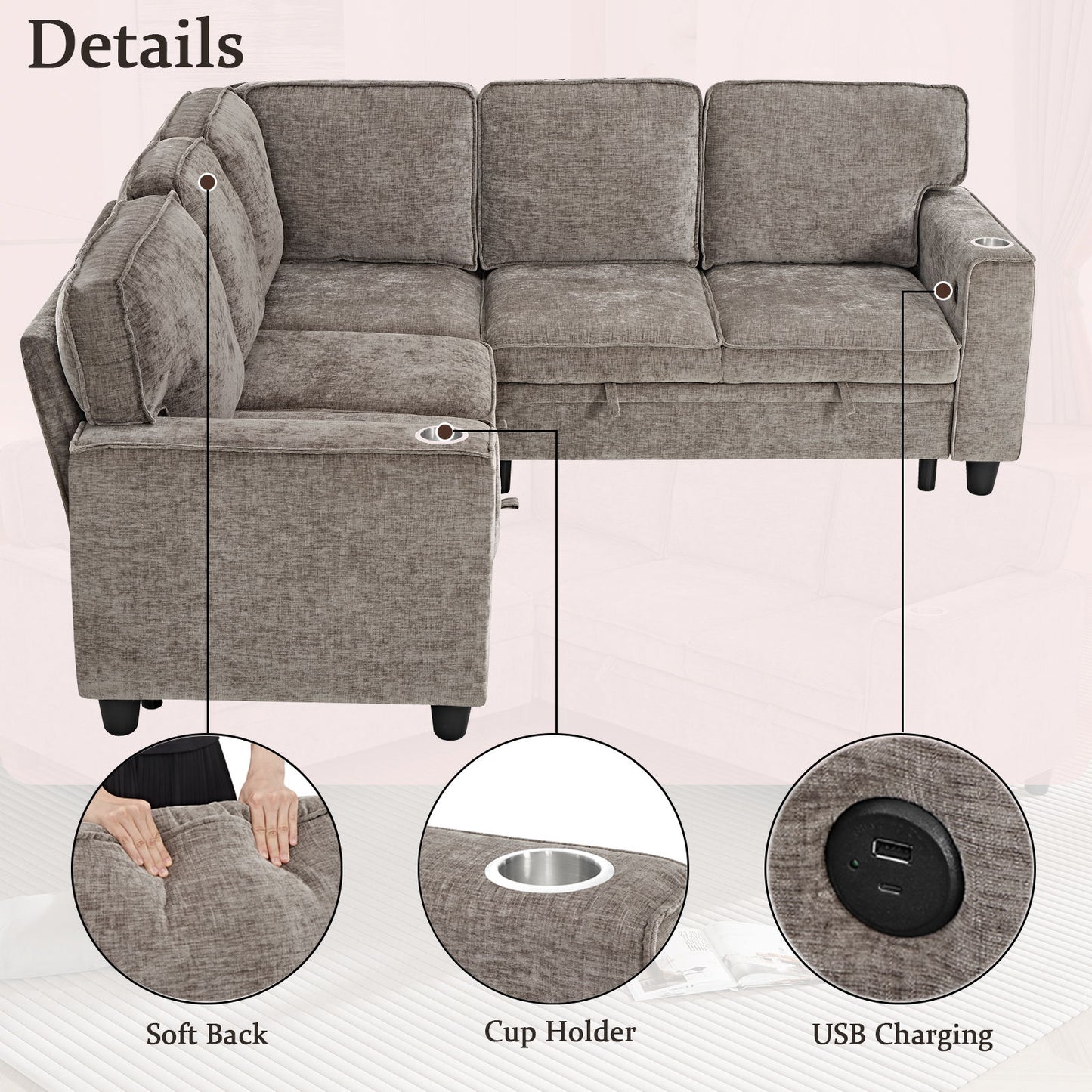 L-Shaped Sofa With Pull Out Sofa Bed With USB