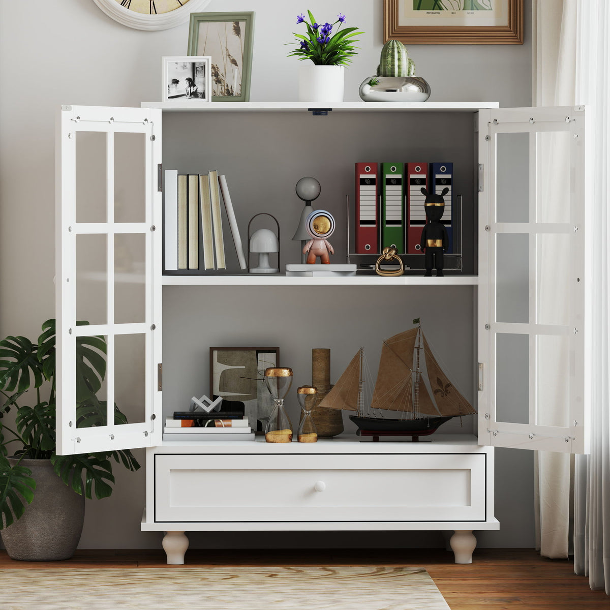 Minimalist Buffet Cabinet With Double Glass Doors And Drawer