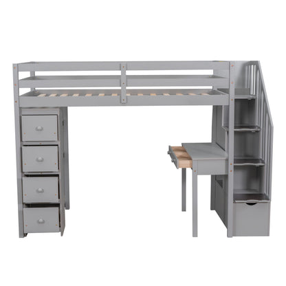 Loft Bed With Storage Drawers, Desk And Stairs With Shelves