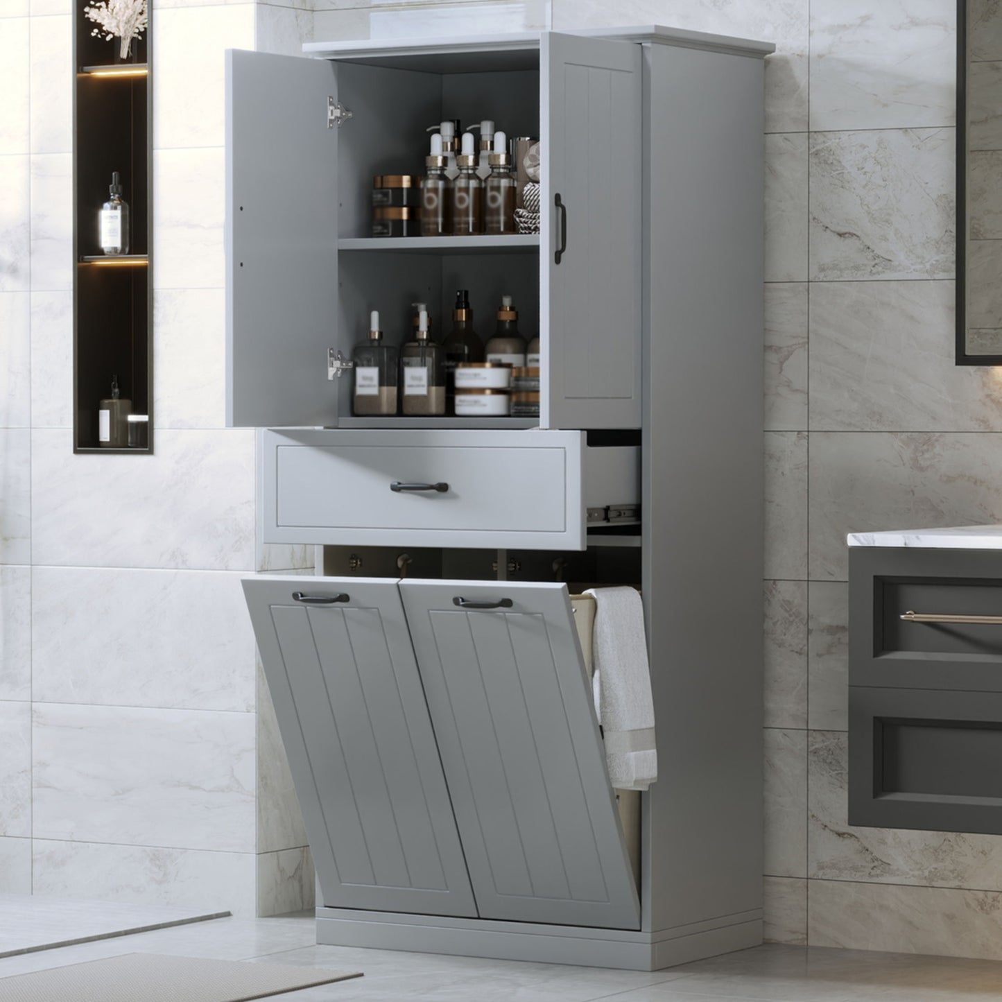 Modern Bathroom Storage Cabinet With Two Laundry Baskets, One Drawer, Adjustable Shelf