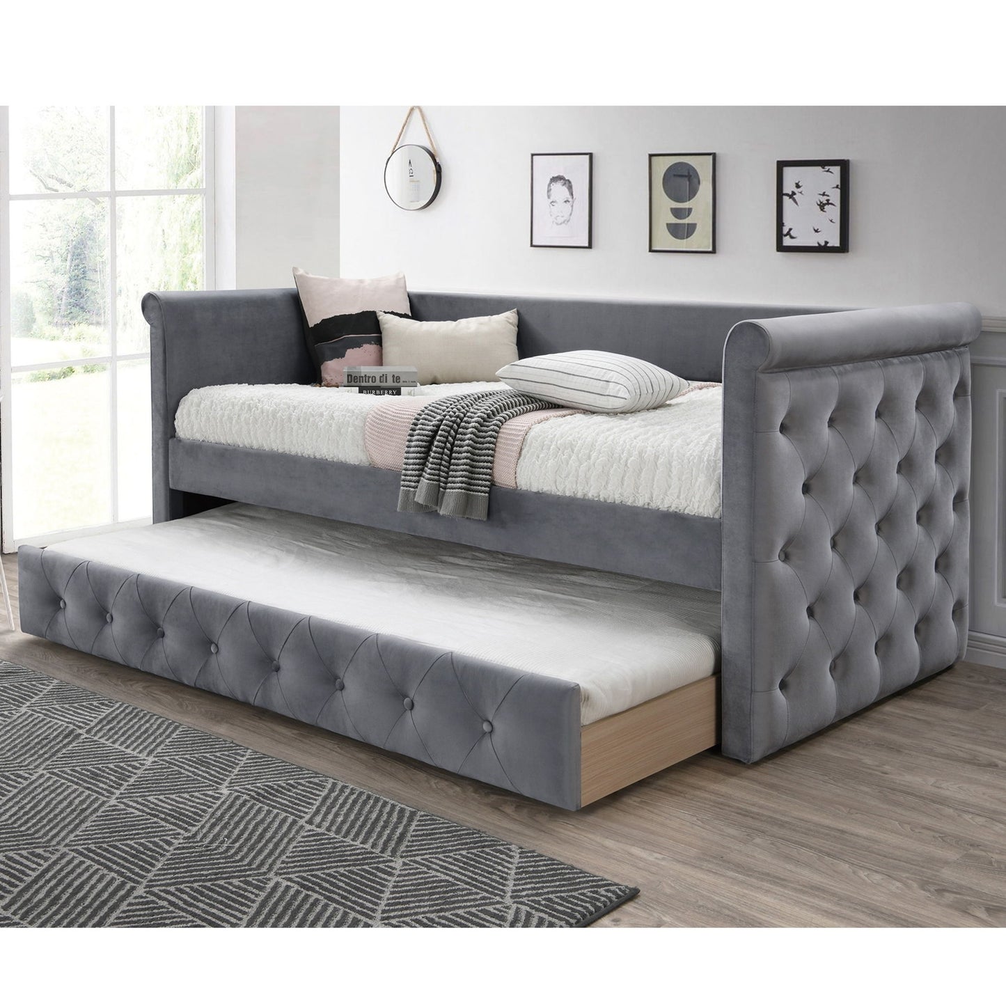 Contemporary Button Tufted Daybed With Slat Trundle