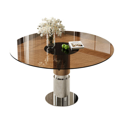 Round Dining Table / Tempered Glass Top - Brown
