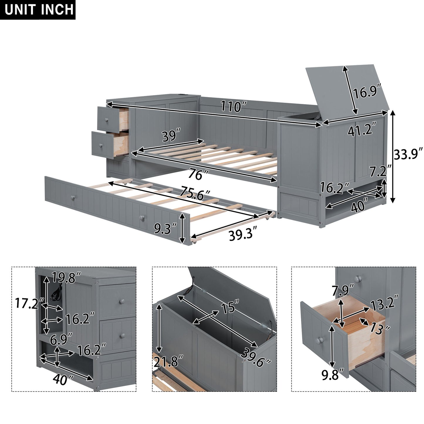 Daybed With Storage Arms, Trundle And Charging Station