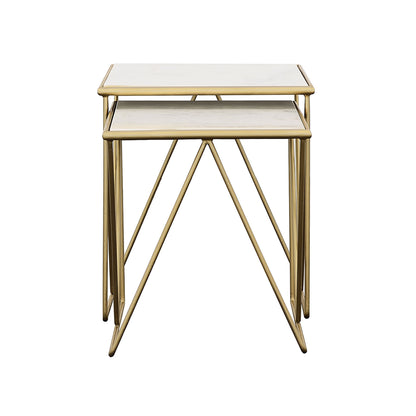 Sinclair - 2 Piece Nesting Table Set With Iron And Luxurious Marble Surface - White / Gold