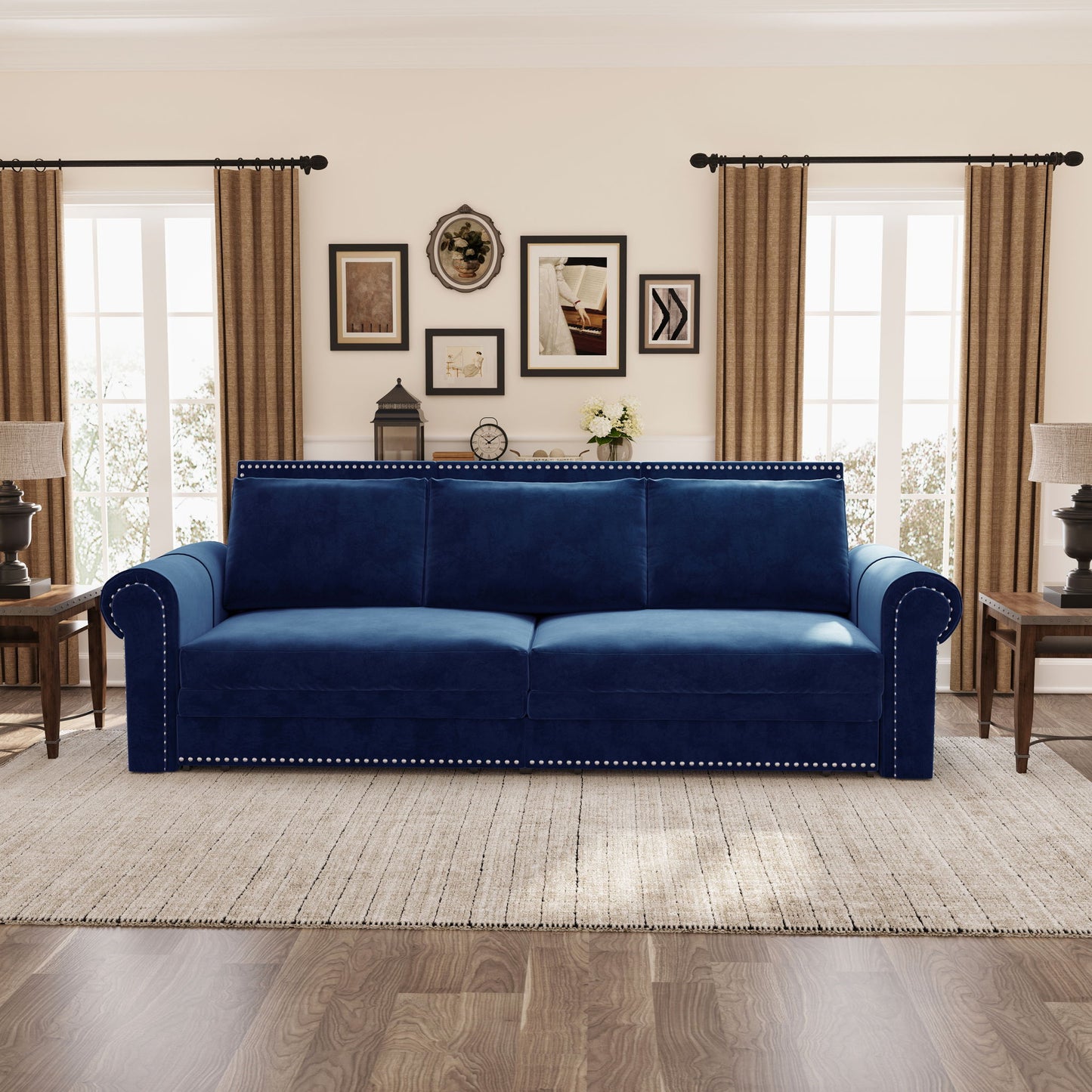 3 In 1 Convertible Sleeper Sofa With Nailhead Trim & Rolled Arm