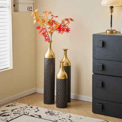 Elegant Floor Vase Set Metal Decorative Vases 3 Piece Set For Floral Display, Wedding & Gift Decor - Gold / Black