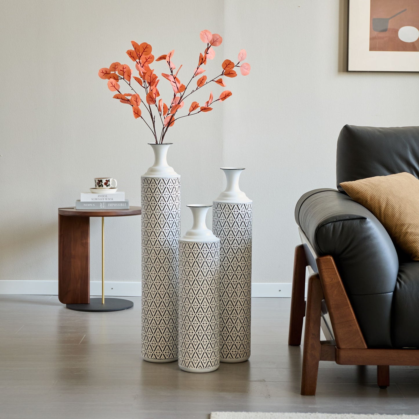 Modern Floor Vase Set Metal Vases With Geometric Pattern, 3 Piece Home Decor Set - White / Black