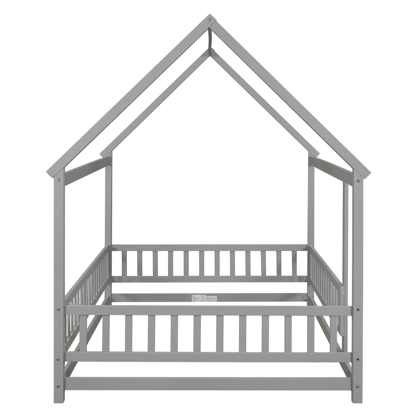 Floor Wooden Bed With House Roof Frame, Fence Guardrails