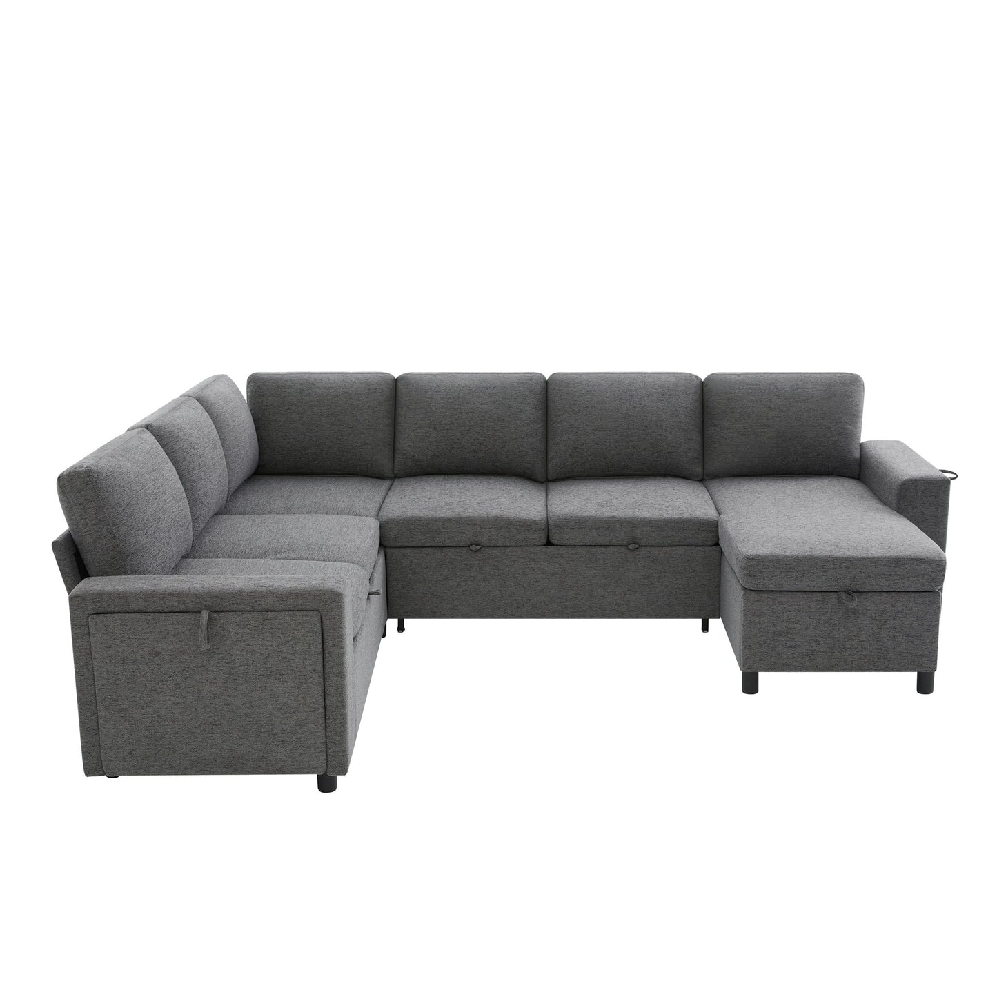 U - Shaped Convertible Sectional Sofa Bed With Storage, USB Charger & Cup Holders