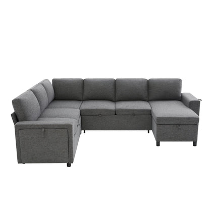 U - Shaped Convertible Sectional Sofa Bed With Storage, USB Charger & Cup Holders