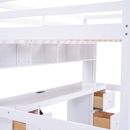 Loft Bed With Desk, Cabinets, Drawers, Charging Station And Bedside Tray