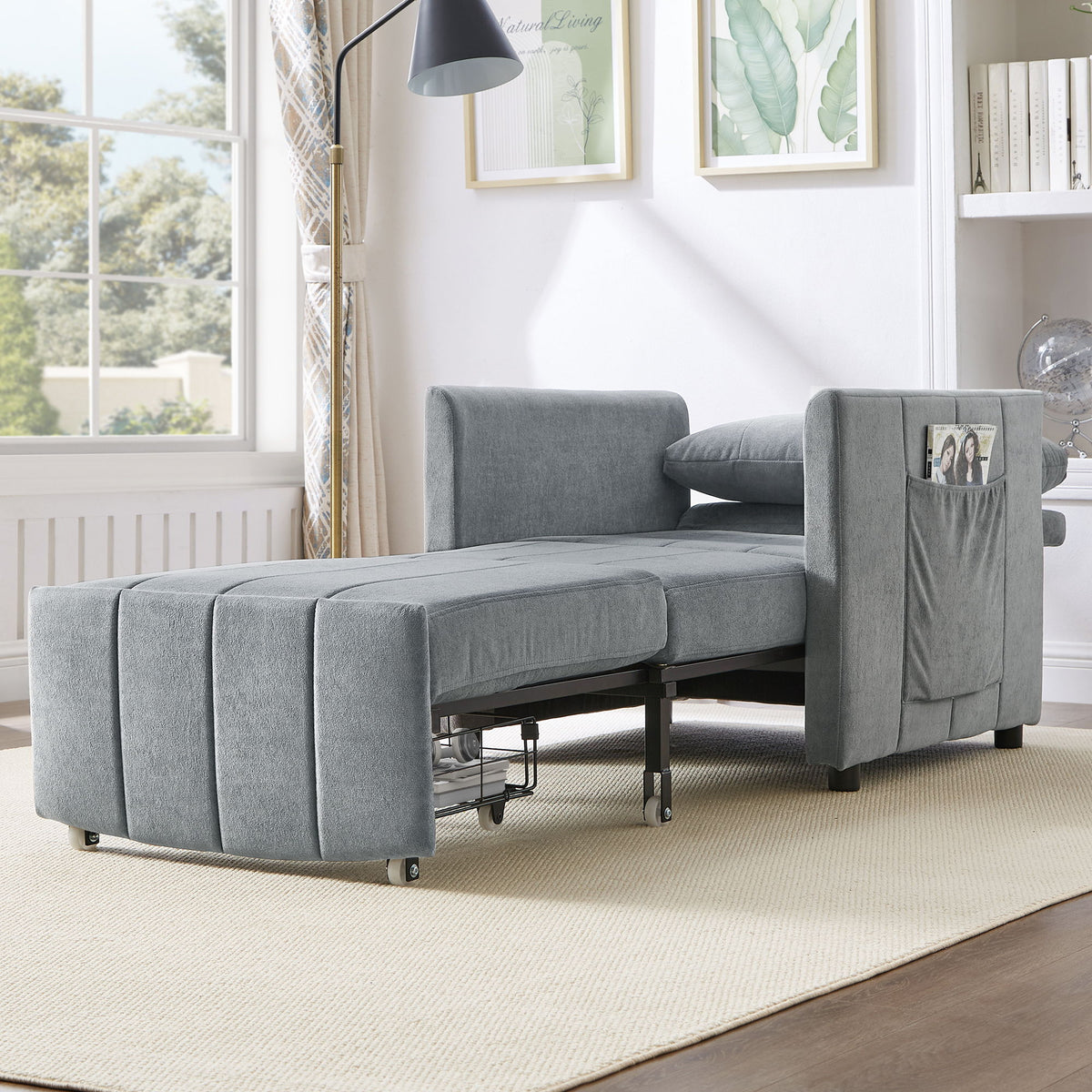 Upholstered Convertible Sleeper Sofa With 5 Position Backrest, Side Pockets, Storage