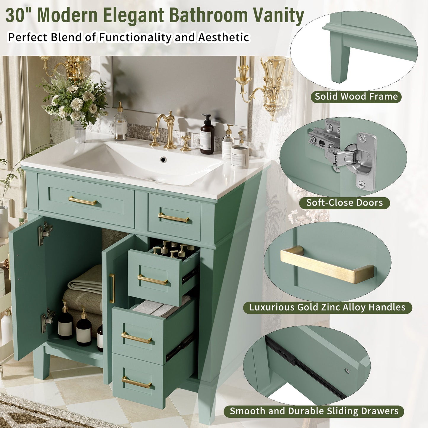 Modern Bathroom Vanity With Sink, Storage Cabinet, Soft Close Doors, Deep & Standard Drawers