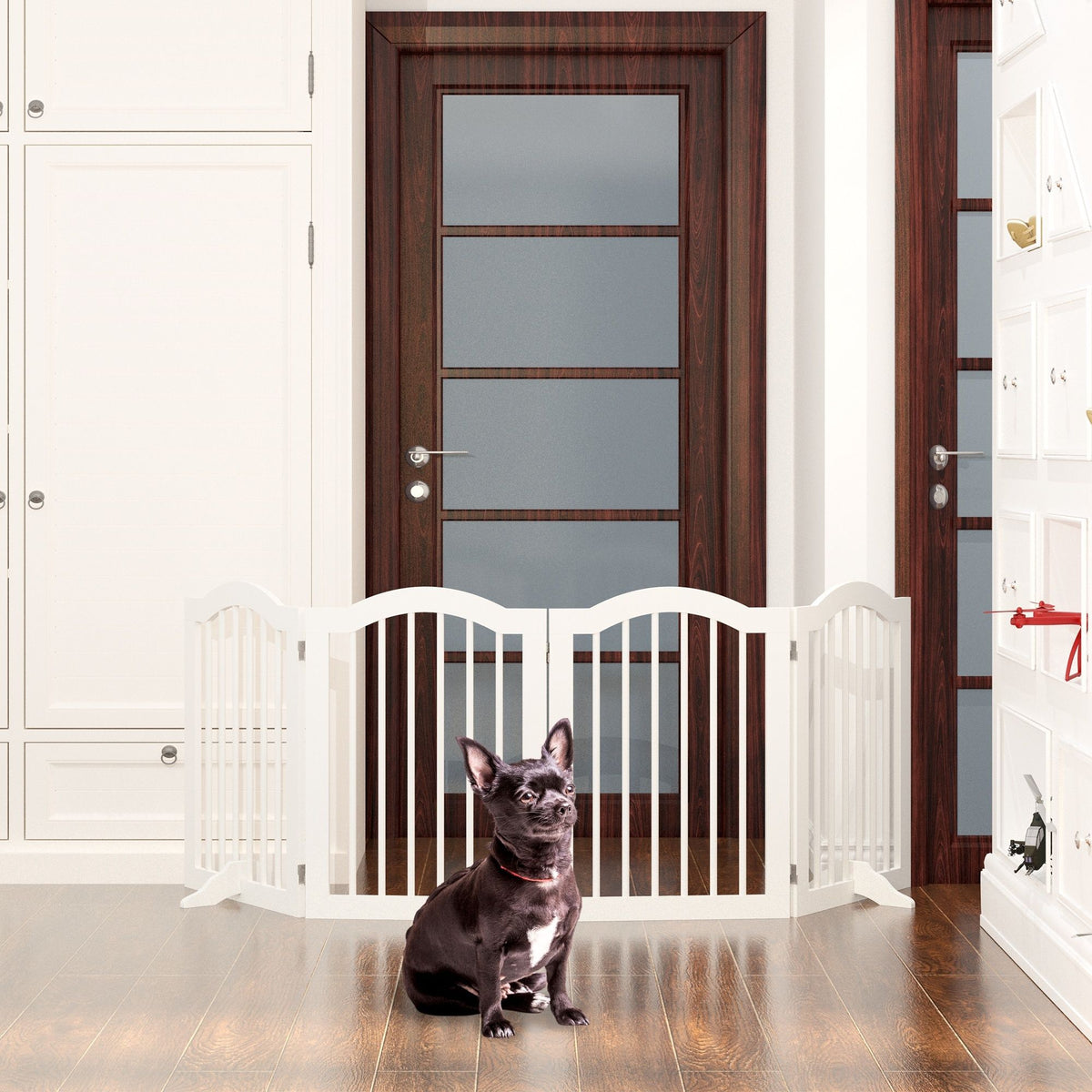 4 Panel Freestanding Pet Gate With Foldable Design And Support Feet - White