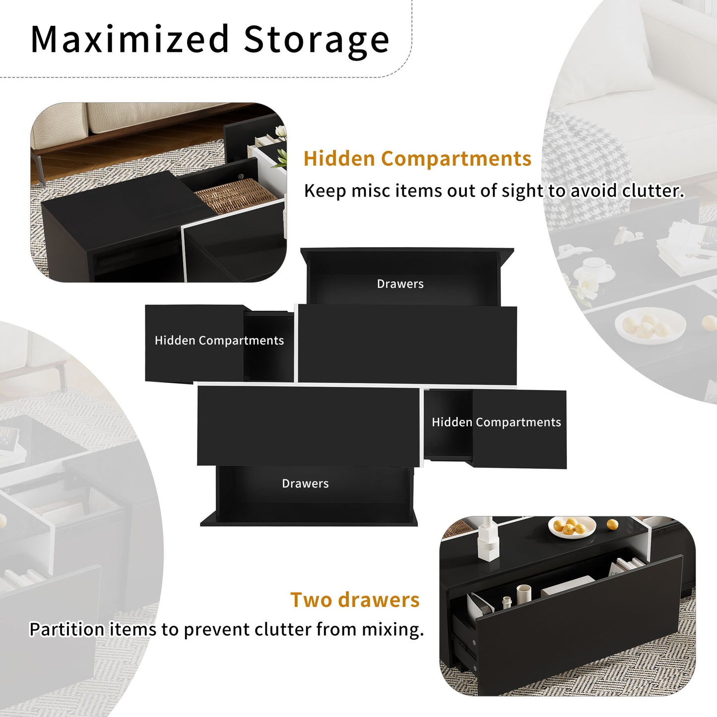Extendable Coffee Table With 2 Hidden Storage Space And 2 Drawers For Living Room