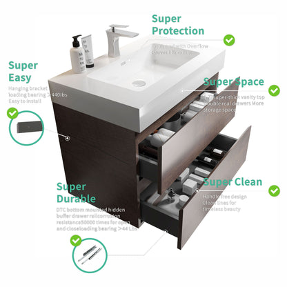Alice - Bathroom Vanity Wall Mounted With Sink, Large Storage Floating Bathroom Vanity For Modern Bathroom, One-Piece Sink Basin Without Drain And Faucet