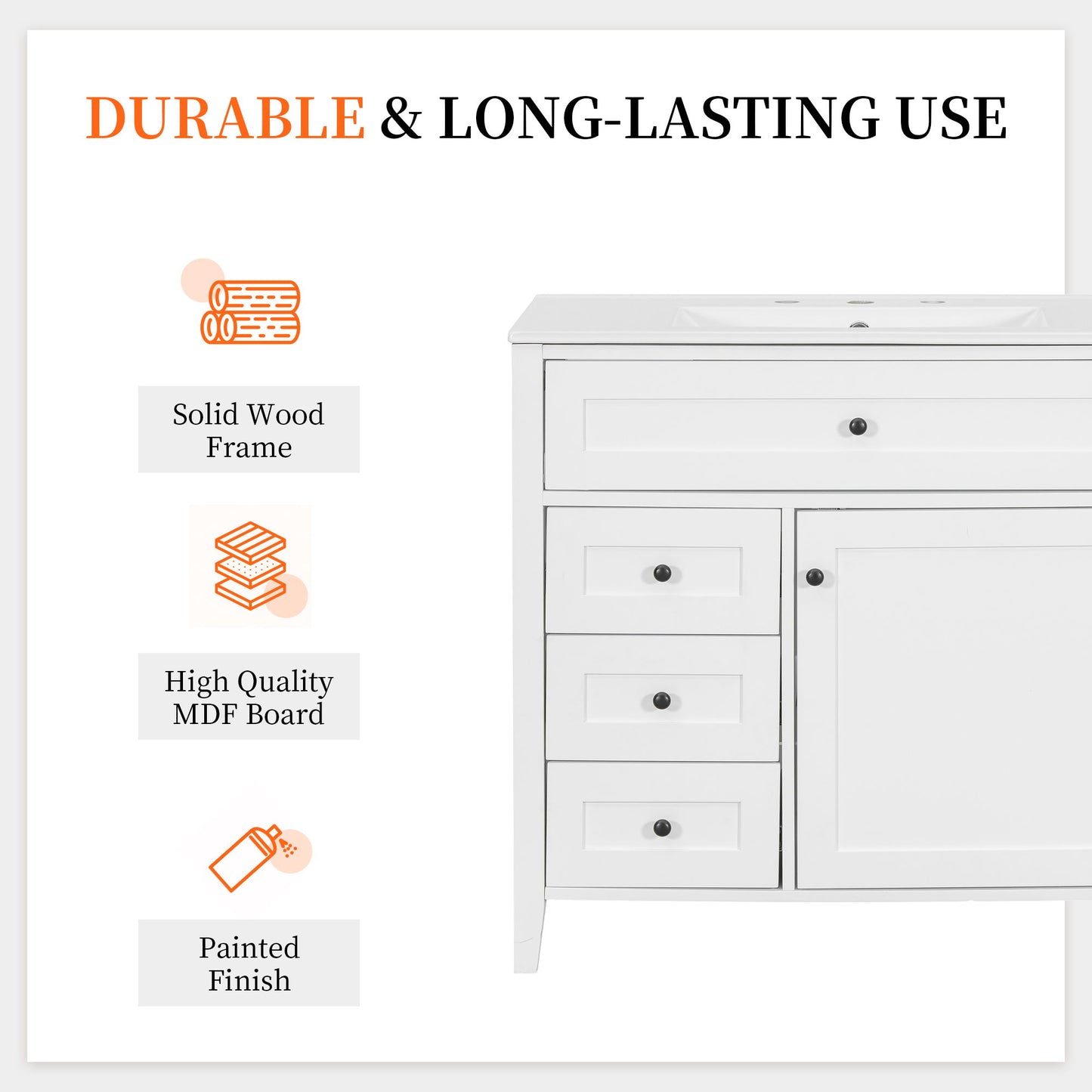 Bathroom Vanity With Sink, 3 Drawers & Cabinet With Adjustable Shelves