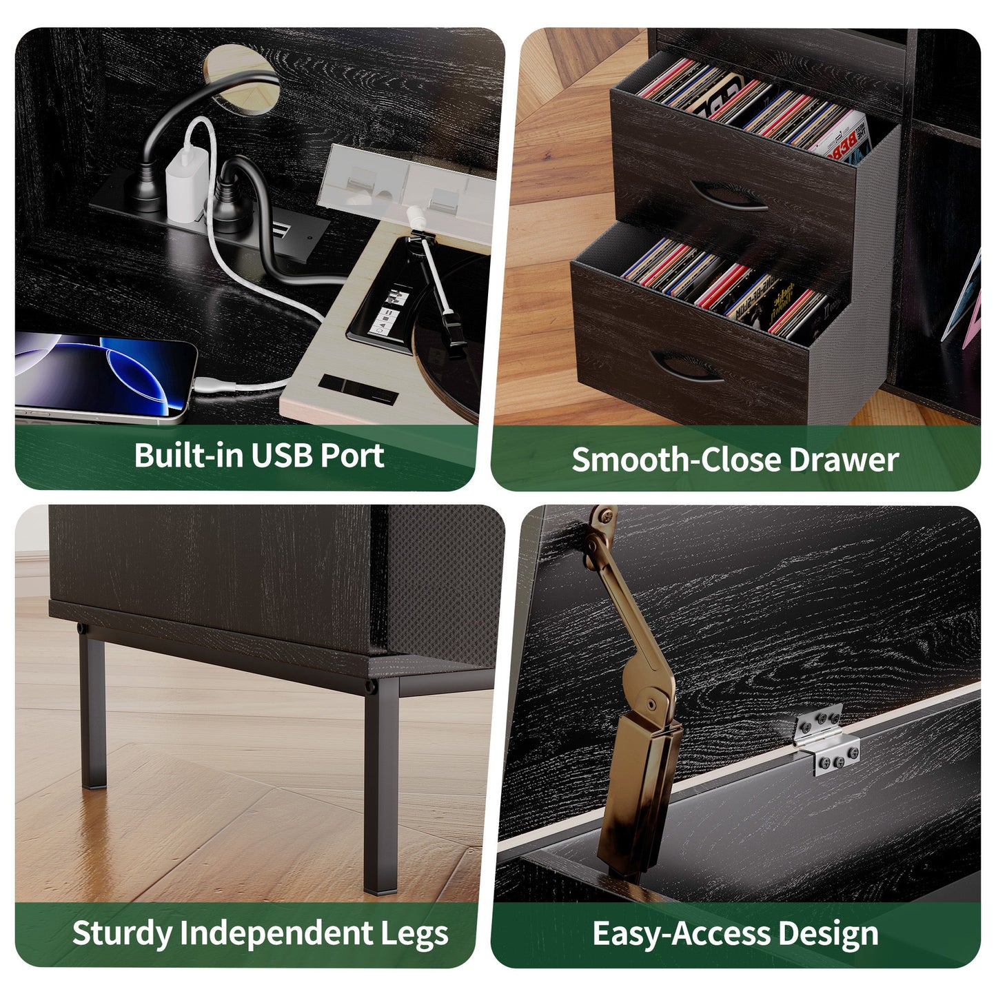 Grain Record Player Stand, Media Console With Speaker Shelf & 2 Drawers