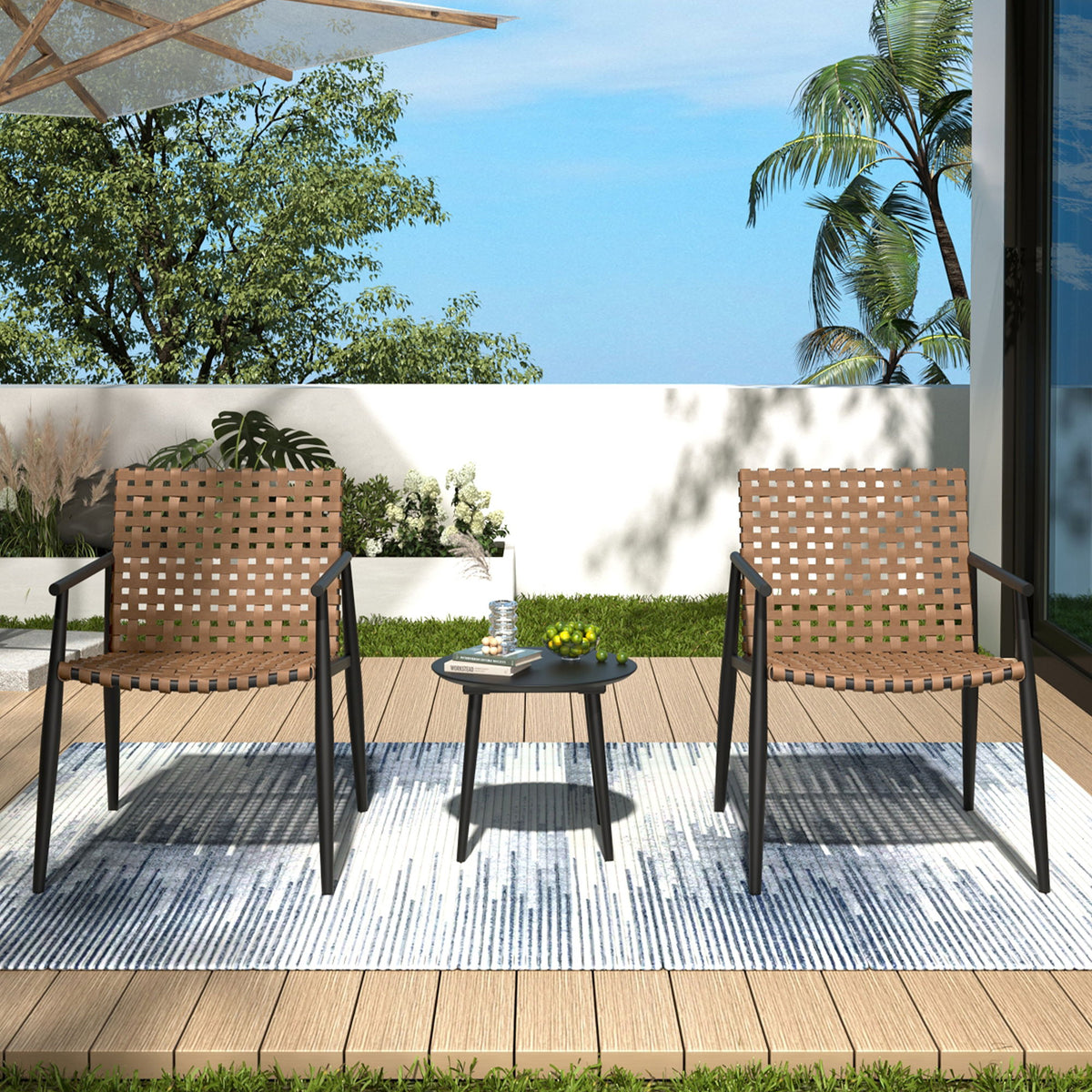 Outdoor Chat Set, 2 Chairs & Side Table - Black / Brown