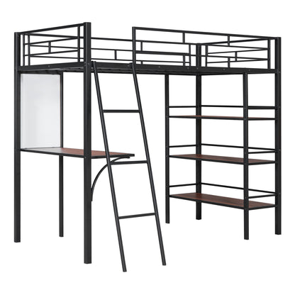 Loft Metal Bed With 3 Layers Of Shelves And Desk, Stylish Metal Frame Bed With board