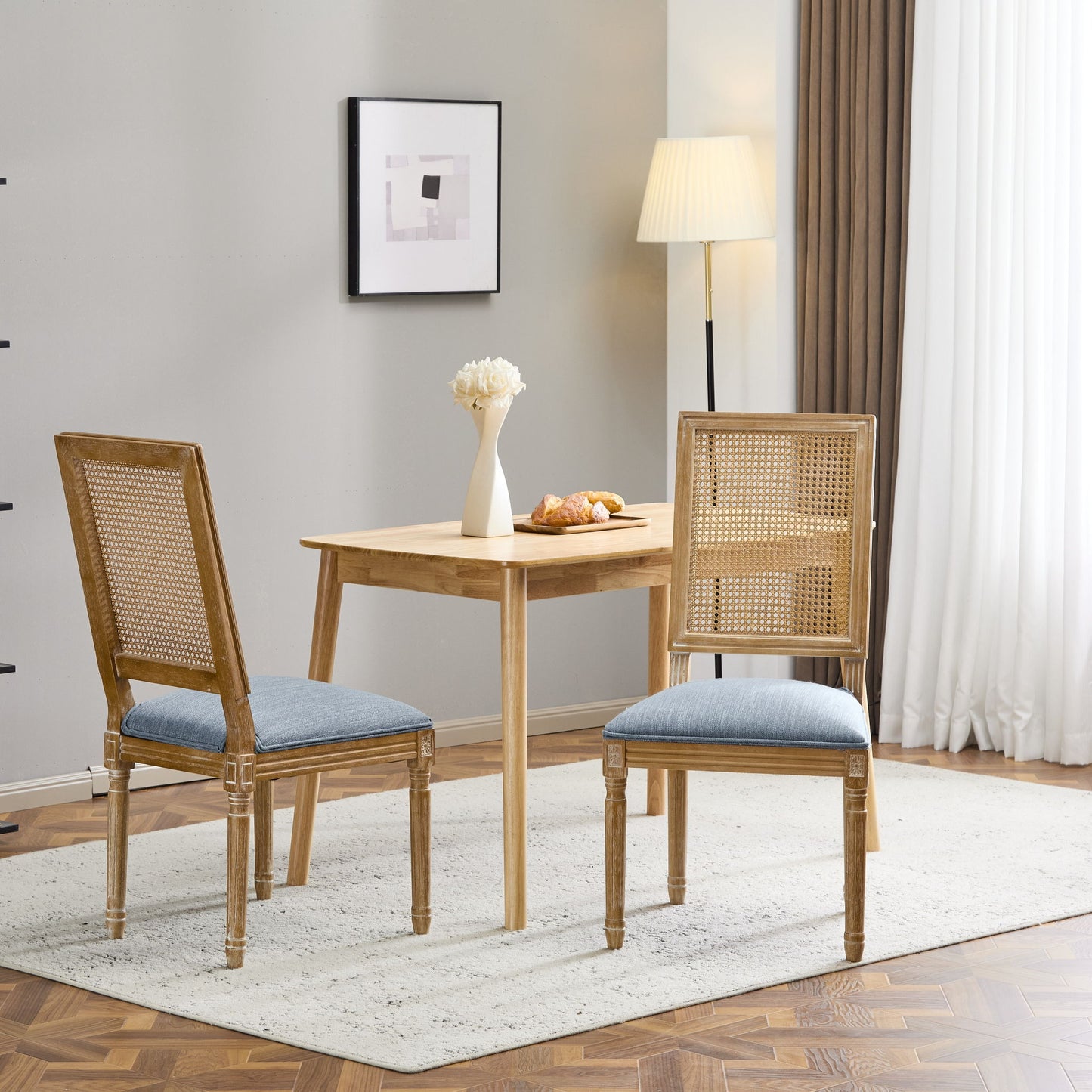 French Country Dining Chair With Rectangular Cane Backrest And Smooth Upholstered Seating