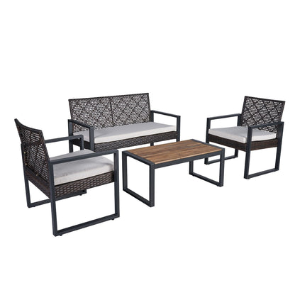 4 Piece Patio Furniture Set With Acacia Wood Table Top And Cushions